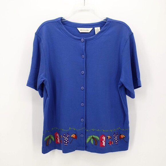 Bechamel Tops - BECHAMEL Vacation Themed Embroidered Blue Cotton Button Down Top M